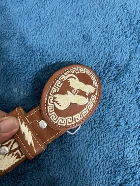 Mexican Piteado Embroidered Leather Belt Rooster Gallo Western Charro Miel